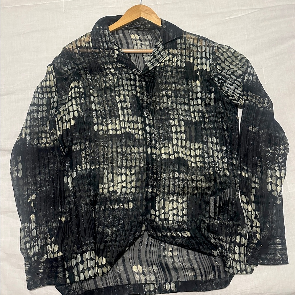 Zara Black Sage Button Up Shirt Collared Long Sleeve Abstract Print -Sheer